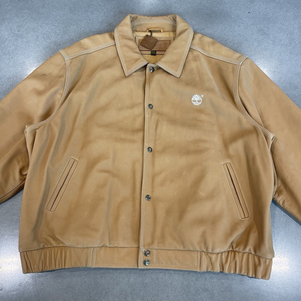 Timberland Vintage 2003 Cowhide Leather Jacket Beige Huge Logo Men's 5XL